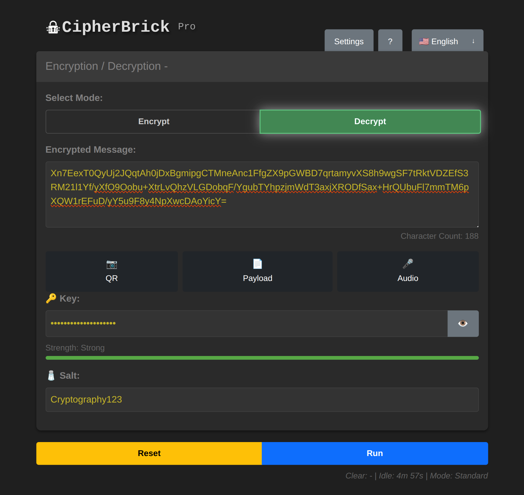 Decrypt mode showing receive options
