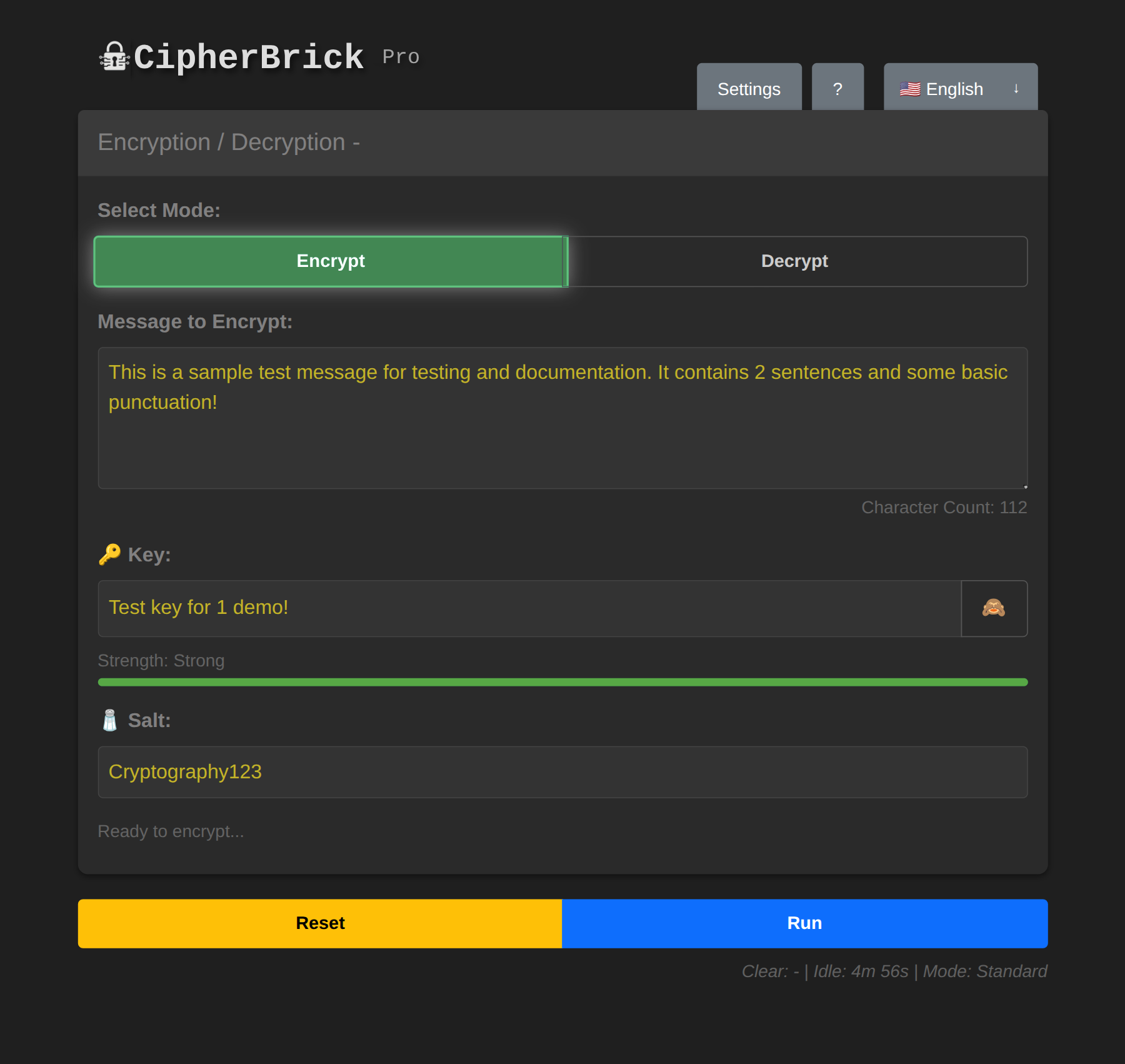 Encrypt form filled in with message, key, and salt