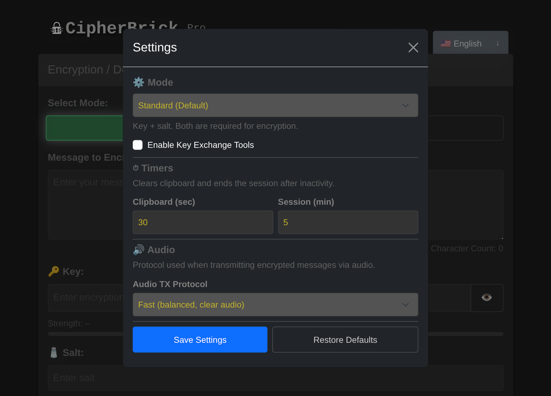 Settings modal showing Mode dropdown