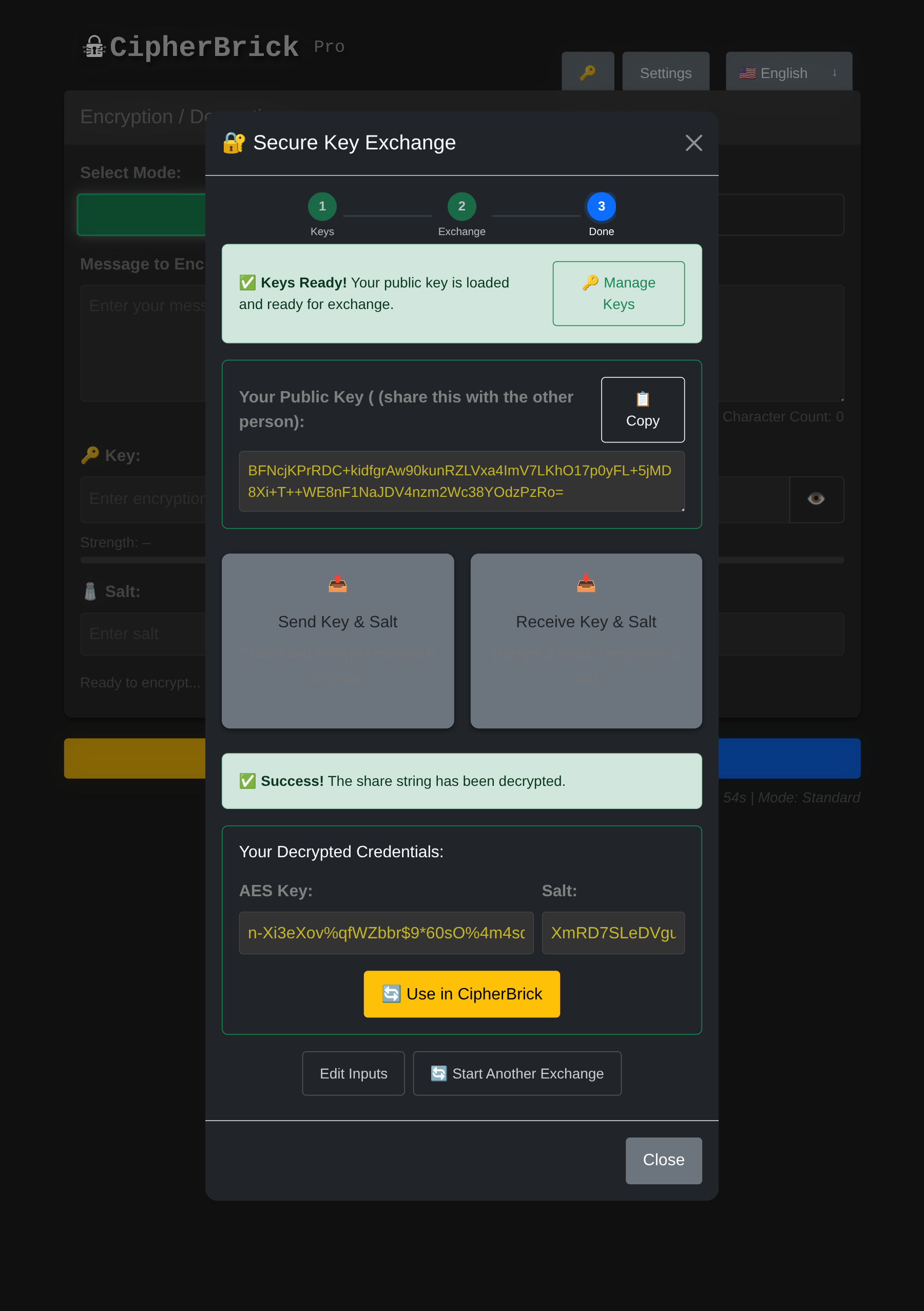 Key Exchange Wizard step 3: credentials ready, Use in CipherBrick button visible