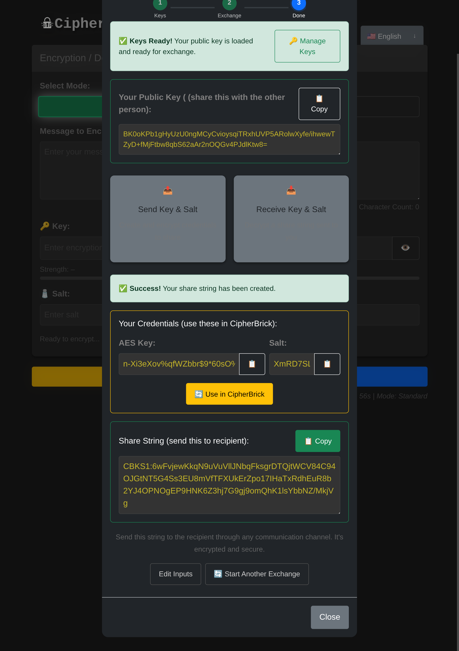 Key Exchange Wizard step 2: share your public key and paste the other person's