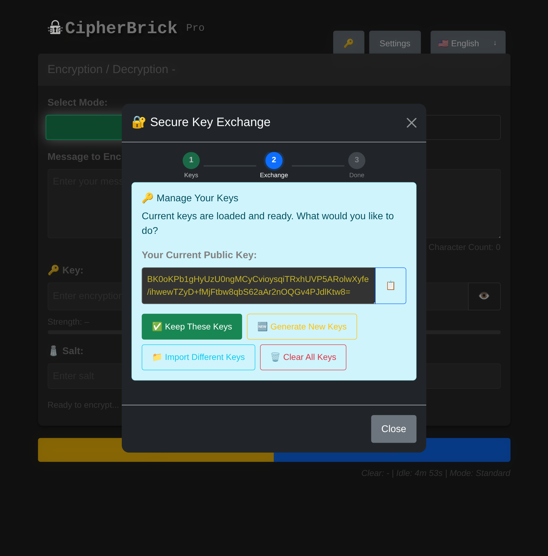 Key Exchange Wizard: Manage Keys screen with a key pair loaded, showing the public key and management options